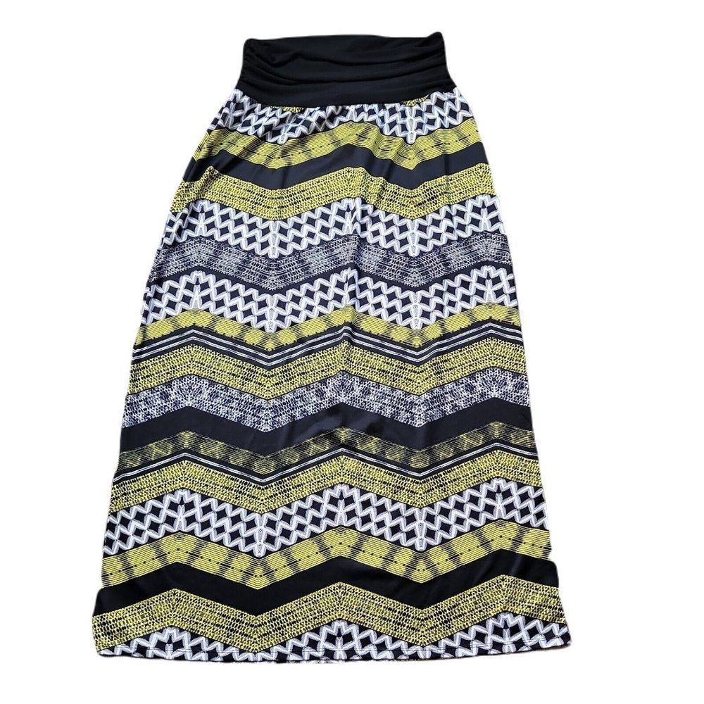 I.N. Studio Pull On Classy Long Maxi Skirt ~ Sz L ~ Black & Green ~ Stretchy